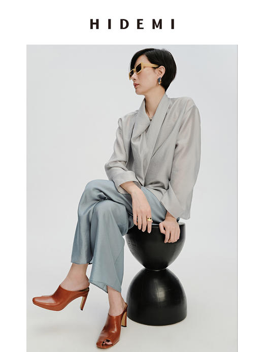 HIDEMI 轻盈风缕感雾霾蓝不对称丝巾式气质简约多穿上衣 商品图3