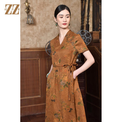 佐尔美2022夏季新款 红云纱桑蚕丝桑波缎印花连衣裙女E22LS28 商品图2