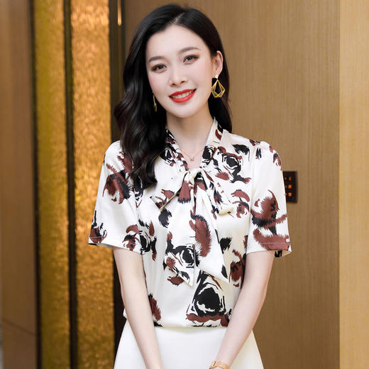 ASE-3571印花系带气质短袖女士衬衫 商品图2
