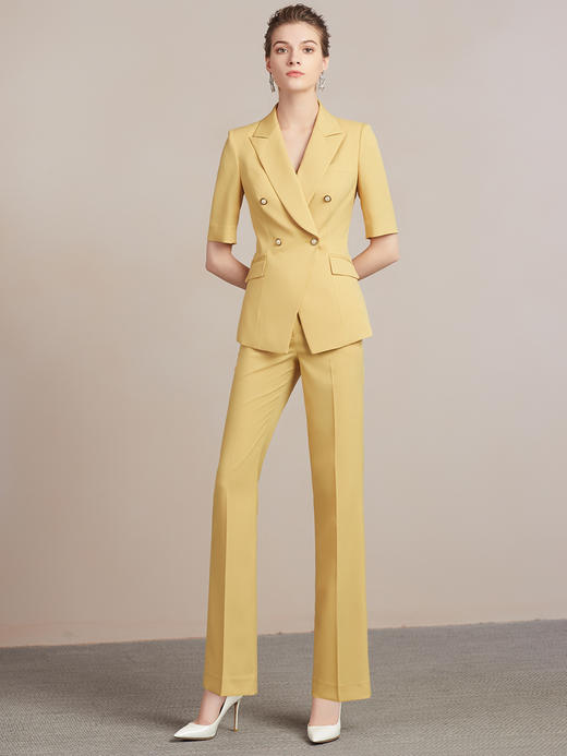 wq夏季高端黄色短袖西装套装女总裁职业装气质时尚西服女正装套裤 商品图2