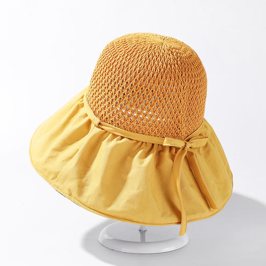ZQ-N3-M1727（黑胶系绳蝴蝶结遮阳帽）跑量款~韩版拼接皱皱系绳蝴蝶结大沿太阳帽女夏天遮阳帽 商品图4