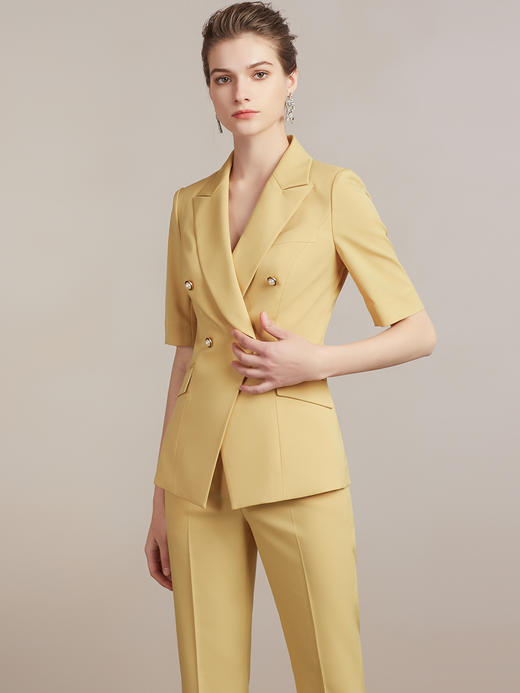 wq夏季高端黄色短袖西装套装女总裁职业装气质时尚西服女正装套裤 商品图0