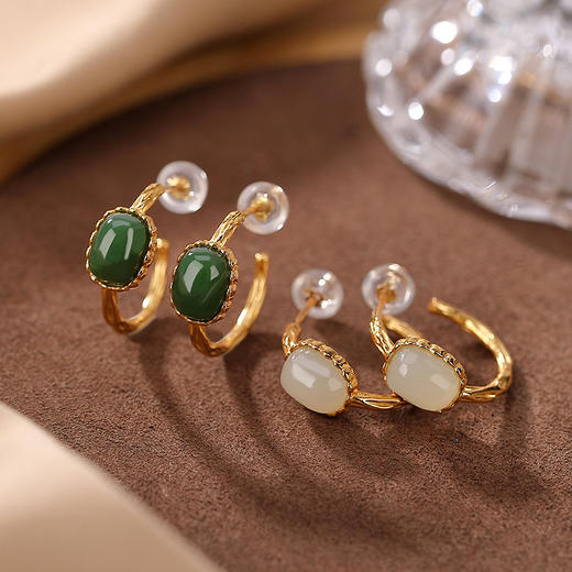 S925纯银镀金，和田白玉碧玉时尚弯管耳钩简约设计感耳饰CW-169 商品图0