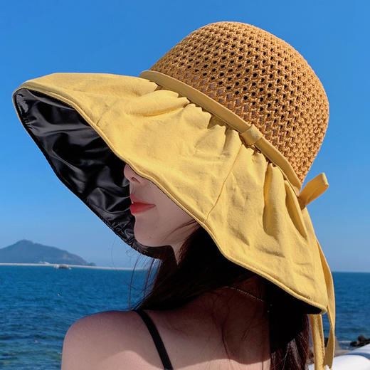 ZQ-N3-M1727（黑胶系绳蝴蝶结遮阳帽）跑量款~韩版拼接皱皱系绳蝴蝶结大沿太阳帽女夏天遮阳帽 商品图1