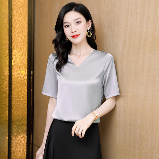 ASE-3585  V领纯色时尚韩版女士短袖衬衫 商品图1