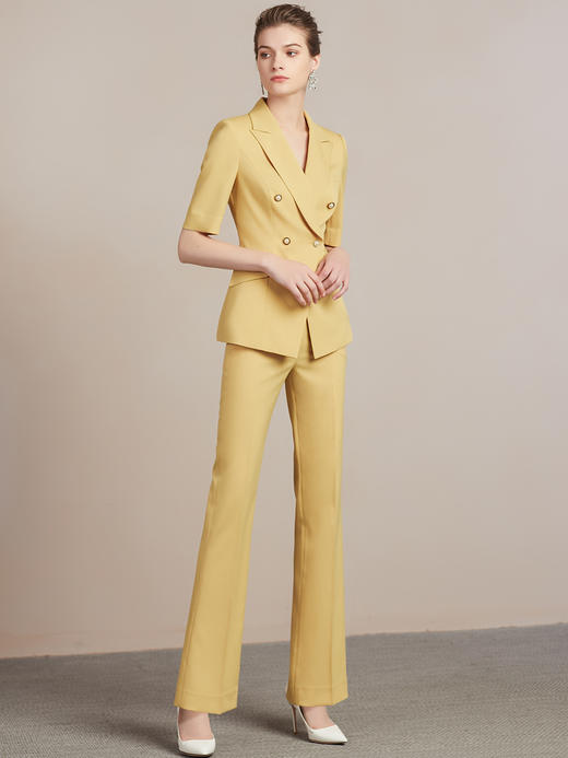 wq夏季高端黄色短袖西装套装女总裁职业装气质时尚西服女正装套裤 商品图3
