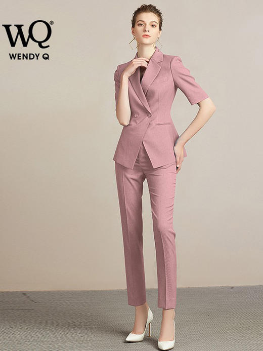wq夏天高端气质时尚蓝西装套装女套裤职业装短袖西服商务气质正装 商品图1