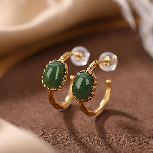 S925纯银镀金，和田白玉碧玉时尚弯管耳钩简约设计感耳饰CW-169 商品图4