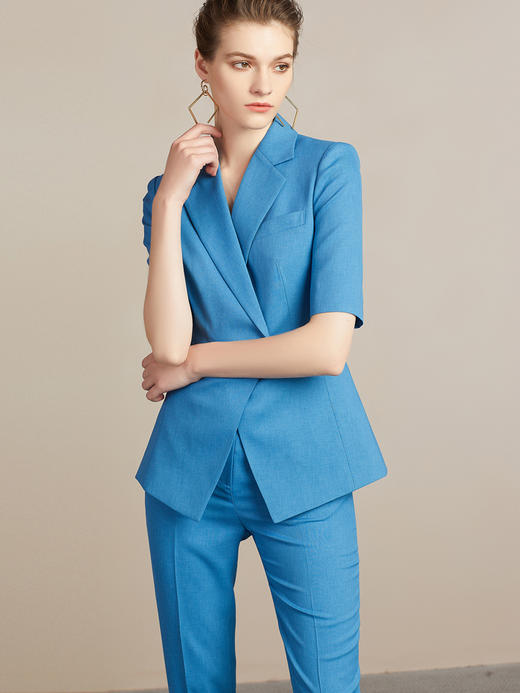 wq夏天高端气质时尚蓝西装套装女套裤职业装短袖西服商务气质正装 商品图0