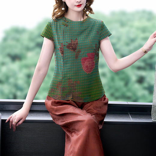 休闲文艺，绢纺仿真丝香云纱中式短袖T恤打底上衣KQL-9202 商品图1