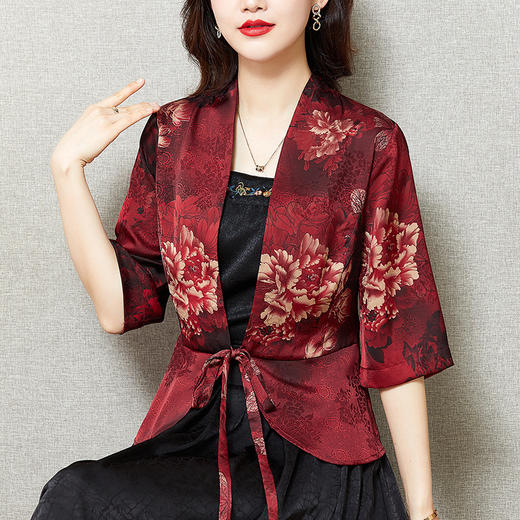 阔太太缎面短外套，女仿香云纱印花修身小西服开衫KQL-2060 商品图2