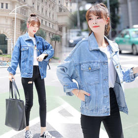 YLFS-PPP新款韩版时尚气质宽松翻领长袖短款牛仔外套