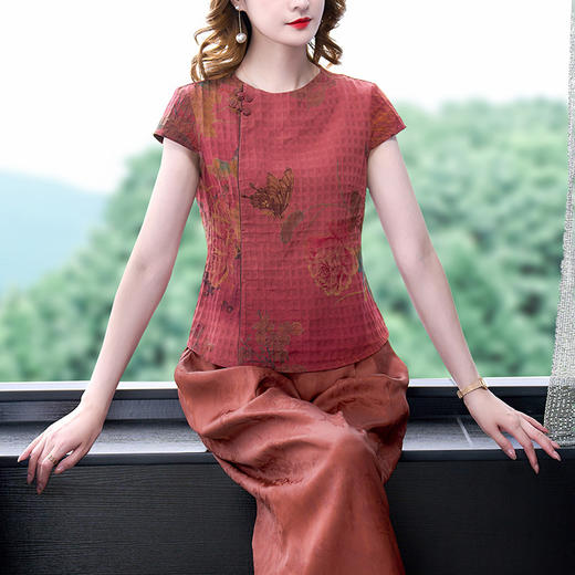 休闲文艺，绢纺仿真丝香云纱中式短袖T恤打底上衣KQL-9202 商品图2