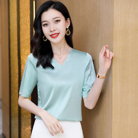 ASE-3585  V领纯色时尚韩版女士短袖衬衫