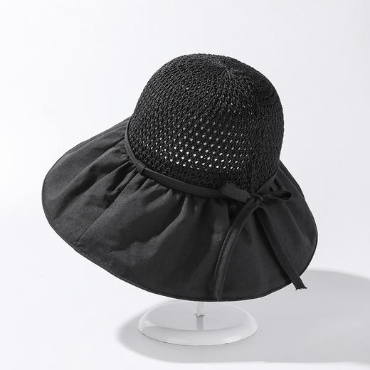 ZQ-N3-M1727（黑胶系绳蝴蝶结遮阳帽）跑量款~韩版拼接皱皱系绳蝴蝶结大沿太阳帽女夏天遮阳帽 商品图5