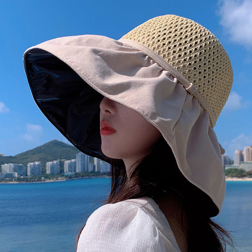 ZQ-N3-M1727（黑胶系绳蝴蝶结遮阳帽）跑量款~韩版拼接皱皱系绳蝴蝶结大沿太阳帽女夏天遮阳帽 商品图2