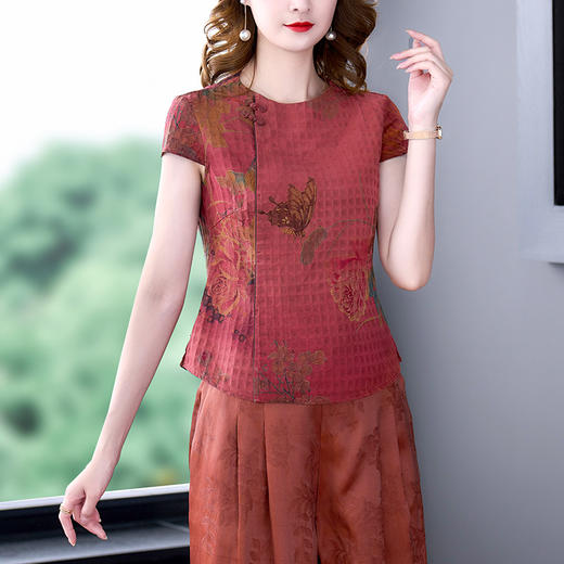 休闲文艺，绢纺仿真丝香云纱中式短袖T恤打底上衣KQL-9202 商品图4