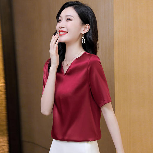 ASE-3585  V领纯色时尚韩版女士短袖衬衫 商品图3