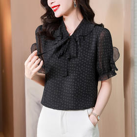 漂亮时尚，印花飘带洋气花内搭打底雪纺衫系带别致上衣KQL-3593
