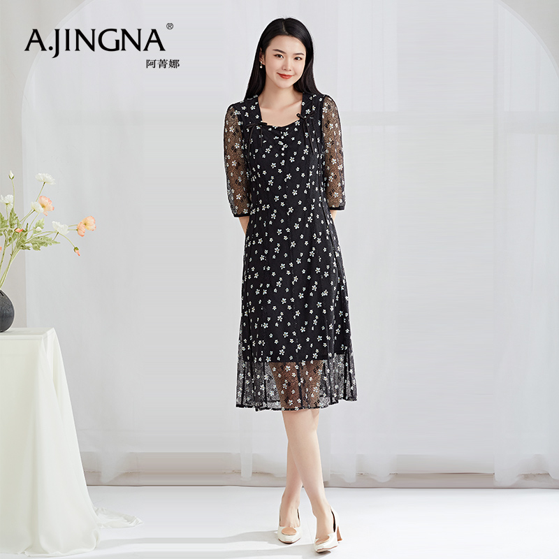 【特价款不退不换】阿菁娜春夏新品法式黑色碎花蕾丝连衣裙气质显瘦U领裙子A27X112150