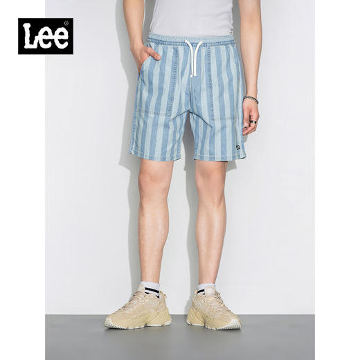 Lee商场同款22春夏新品浅蓝条纹松紧男牛仔短裤LMB100903100-572 商品图0