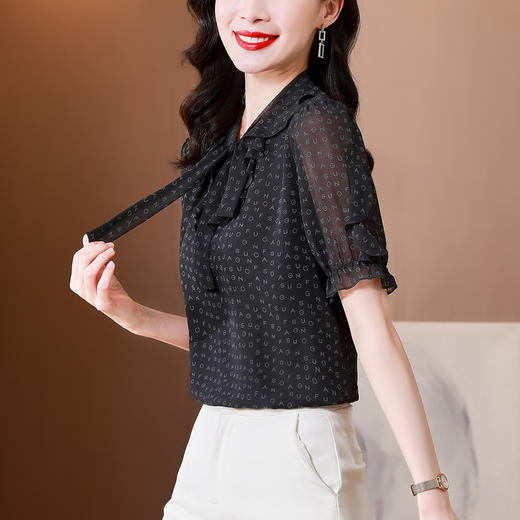 漂亮时尚，印花飘带洋气花内搭打底雪纺衫系带别致上衣KQL-3593 商品图3
