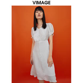 VIMAGE纬漫纪女装夏V领泡泡袖连衣裙中长裙V1307958