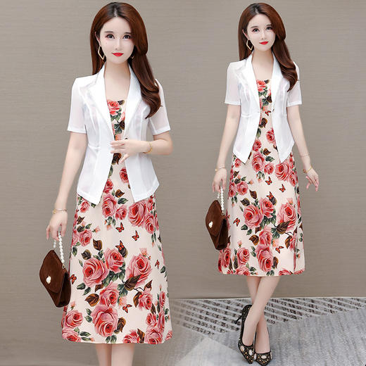 YWE EA233印花裙套装时尚休闲气质通勤雪纺衫套装 商品图0