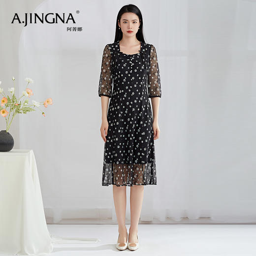 【特价款不退不换】阿菁娜春夏新品法式黑色碎花蕾丝连衣裙气质显瘦U领裙子A27X112150 商品图1