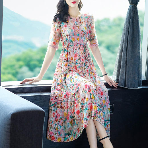 桑蚕丝碎花裙子系带收腰真丝连衣裙大摆长裙  WWM-69202 商品图1