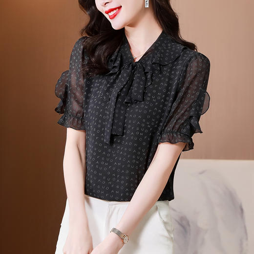 漂亮时尚，印花飘带洋气花内搭打底雪纺衫系带别致上衣KQL-3593 商品图2