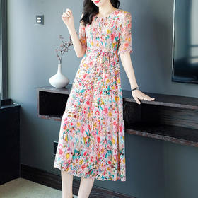 桑蚕丝碎花裙子系带收腰真丝连衣裙大摆长裙  WWM-69202