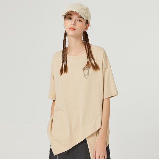 famecoco范可儿短袖女新款T恤夏季设计感不规则纯棉宽松上衣F223BB011 商品图1