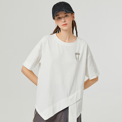 famecoco范可儿短袖女新款T恤夏季设计感不规则纯棉宽松上衣F223BB011 商品图3