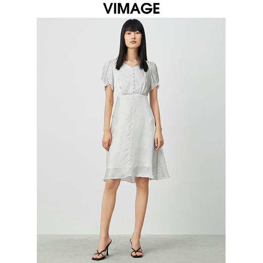 VIMAGE纬漫纪女装夏V领泡泡袖连衣裙中长裙V1307958 商品图1