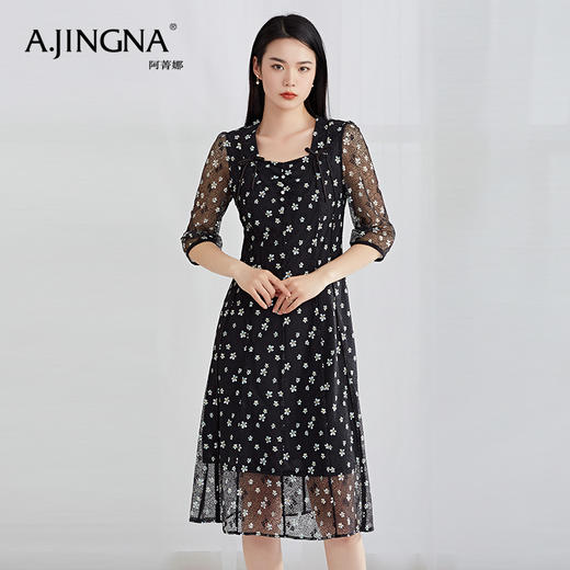 【特价款不退不换】阿菁娜春夏新品法式黑色碎花蕾丝连衣裙气质显瘦U领裙子A27X112150 商品图2