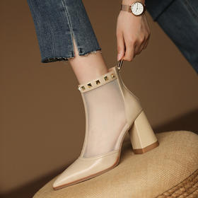时尚优雅，尖头网纱拼接铆钉网靴短筒靴YDE-D5205