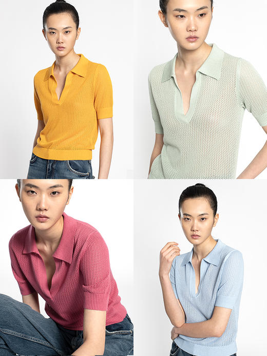 2022新款女士丝羊绒12针双股网眼短袖polo套头衫 商品图1