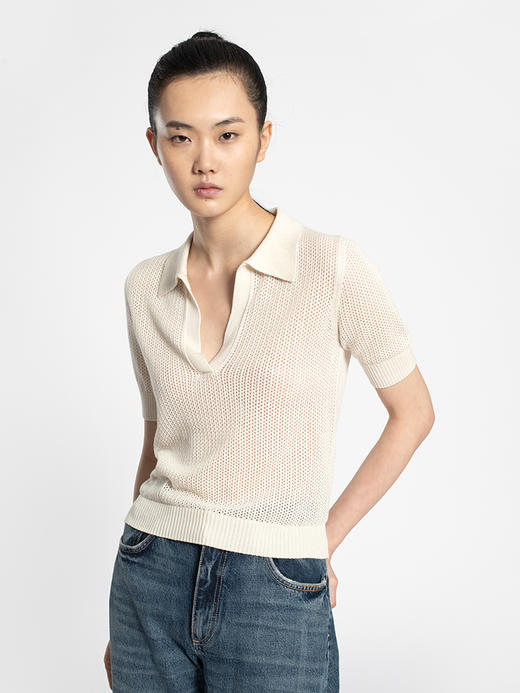 2022新款女士丝羊绒12针双股网眼短袖polo套头衫 商品图0
