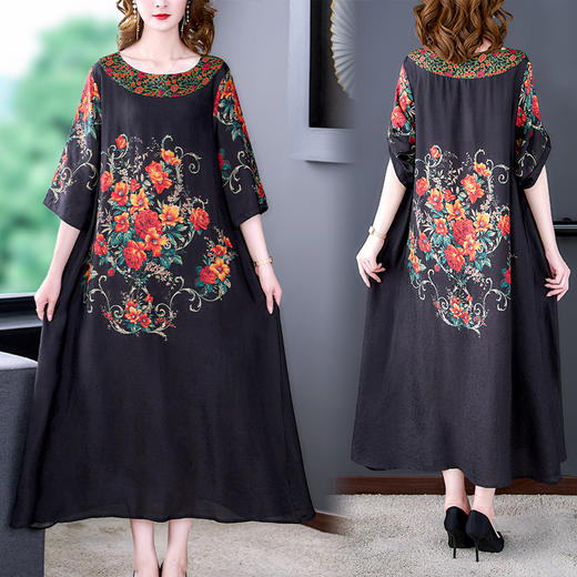 AHM xsz9833 大码复古真丝印花连衣裙2022夏新款时尚妈妈裙子不规则民族风长裙 商品图0