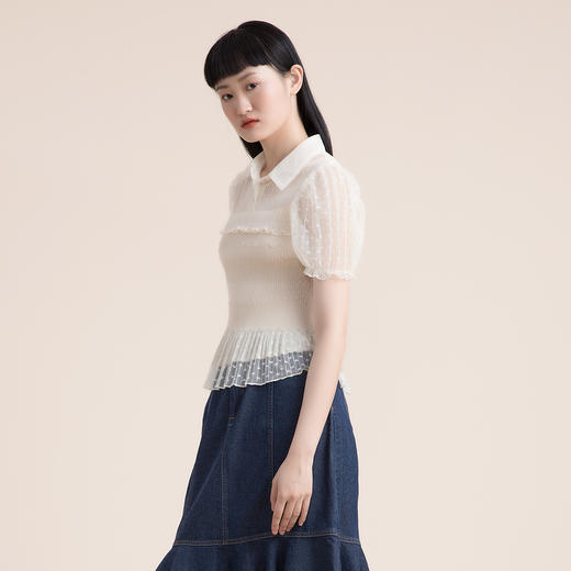 谜底2022夏新款高级感衣身压褶修身显瘦蕾丝短袖衬衫女222GC0703 商品图1