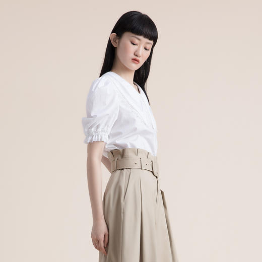 谜底2022夏季新款复古质感泡泡袖H型短袖纯棉上衣女222MS0615 商品图1