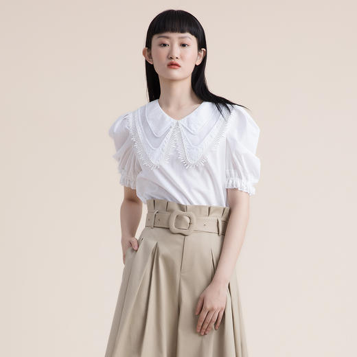 谜底2022夏季新款复古质感泡泡袖H型短袖纯棉上衣女222MS0615 商品图0