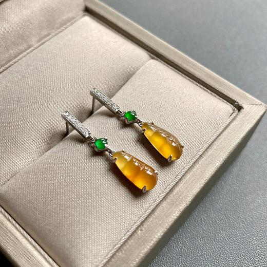 高冰种黄翡福豆耳坠18k白金钻石镶嵌 商品图8