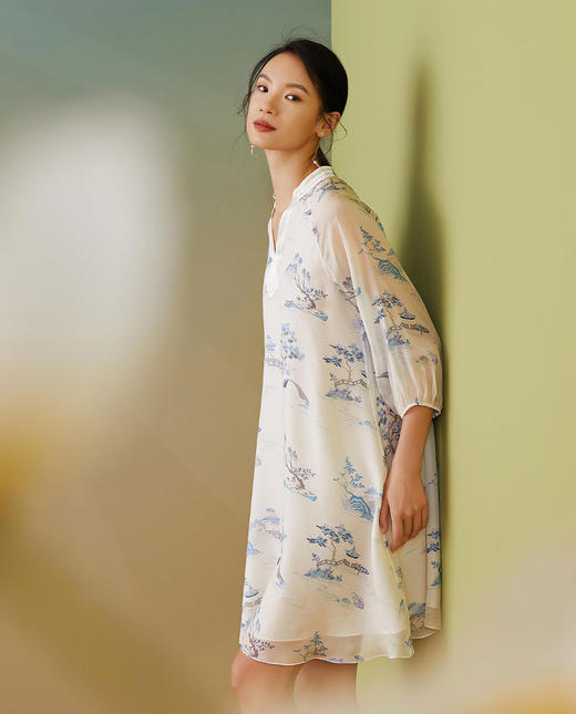 【皇锦】中式领七分袖真丝睡裙连衣裙 商品图4