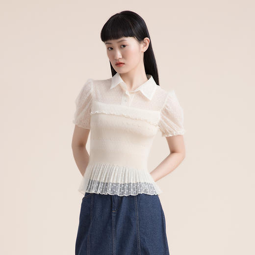 谜底2022夏新款高级感衣身压褶修身显瘦蕾丝短袖衬衫女222GC0703 商品图0