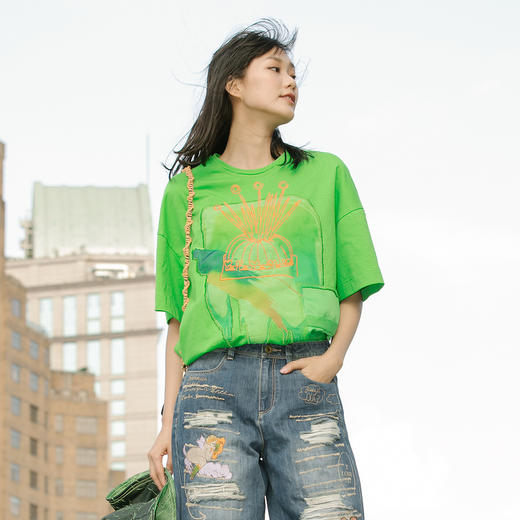 谜底纯棉短袖T恤2022夏季新款Oversize印花宽松圆领落肩225MT6060 商品图0