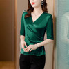 v领T恤纯色打底衫，半袖薄款时尚小衫仿醋酸缎面上衣AHM-8520 商品缩略图0