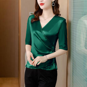 v领T恤纯色打底衫，半袖薄款时尚小衫仿醋酸缎面上衣AHM-8520