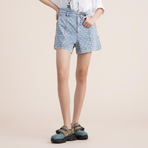 谜底2022夏季新款复古波点高腰显瘦纯棉牛仔短裤女222MK0501 商品图1